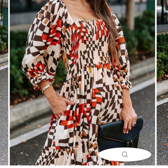 Fate Printed Pocketed Smocked Midi Dress Brown Multi Puffy Sleeves Square Neck M - Picture 4 of 16